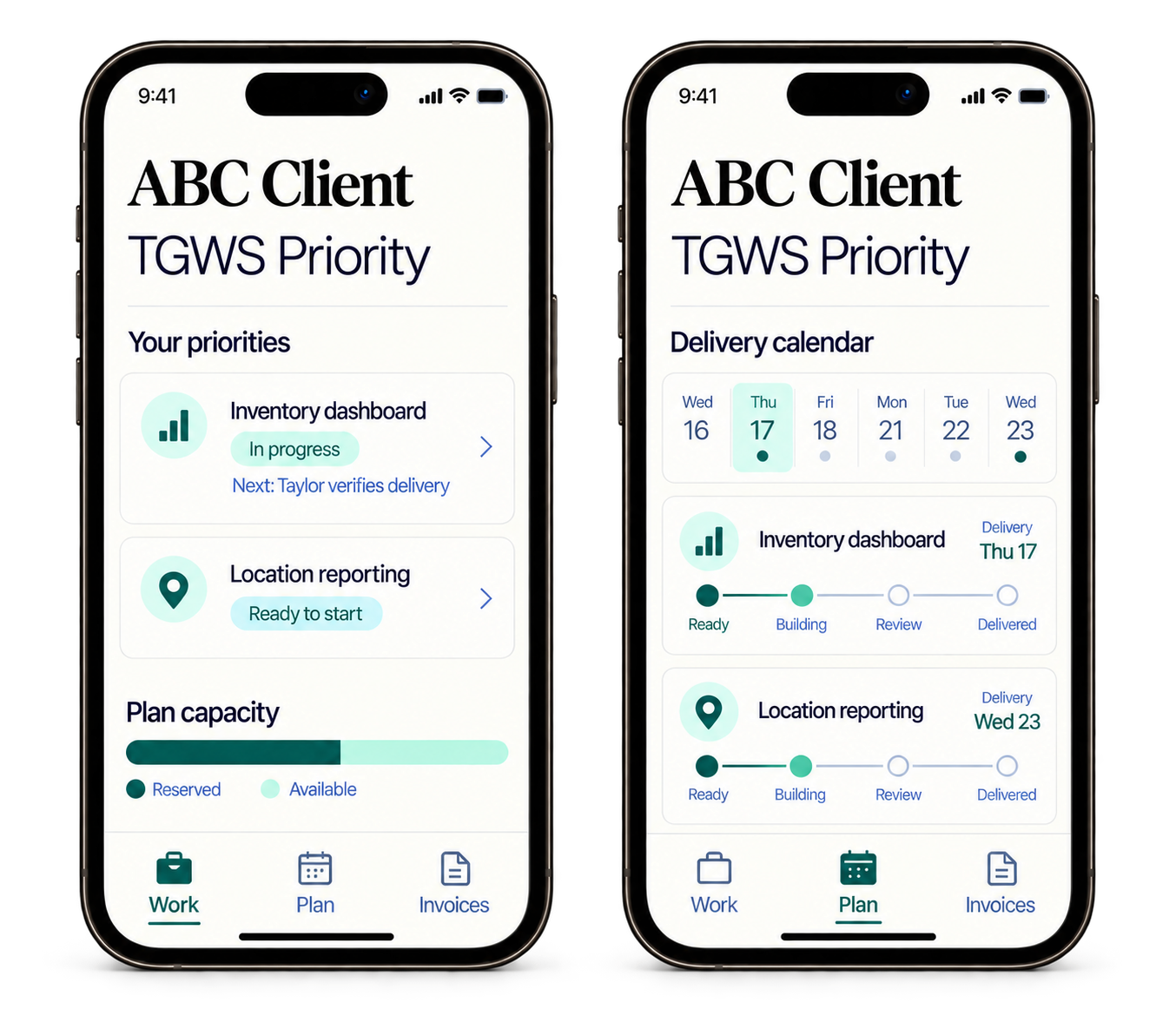 Priority portal concept showing Work and Plan on two phones